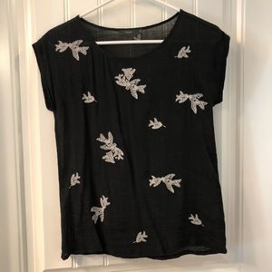 THML sheer black top with white embroidery